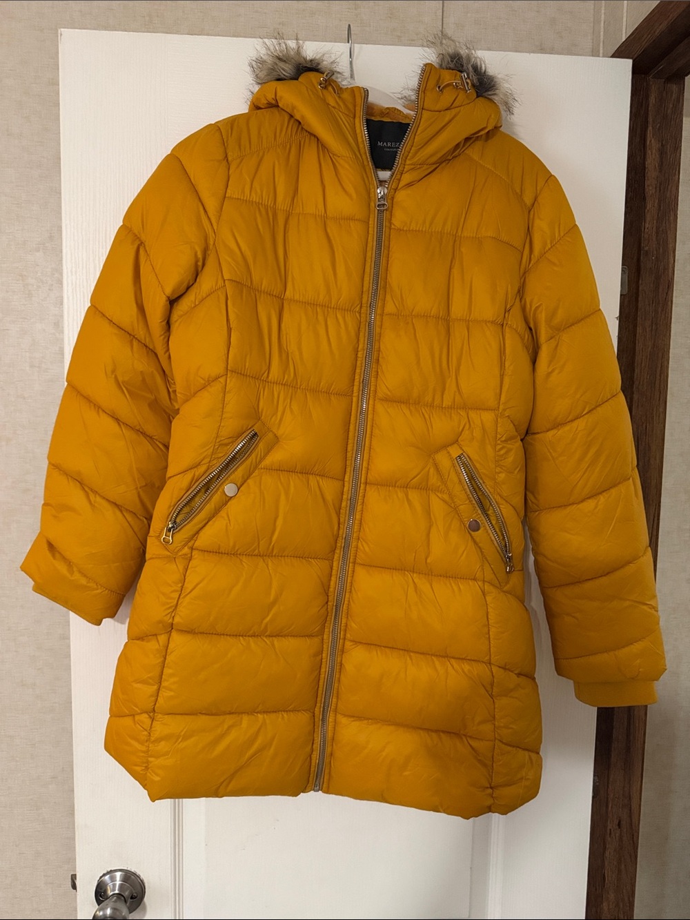 MARBLE Girls' Mustard Quilted Hooded Puffer Coat with Faux Fur Trim